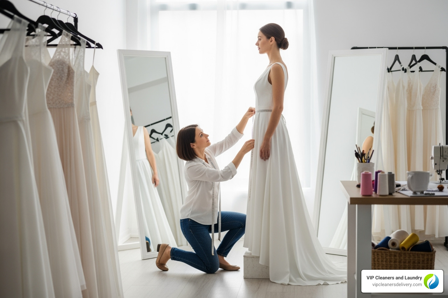 A seamstress taking measurements on a wedding dress - bridal seamstress near me A seamstress taking measurements on a wedding dress - bridal seamstress near me