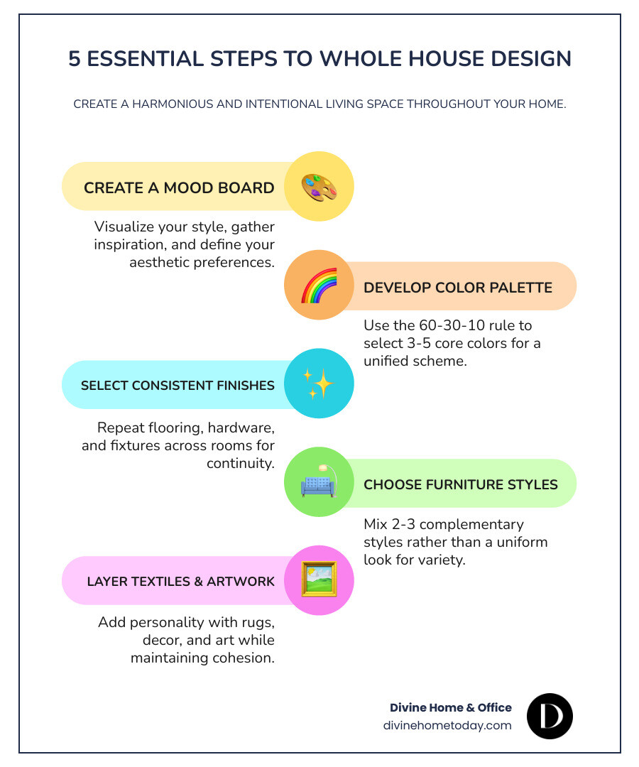 Infographic showing the 5 essential steps to whole house design: 1. Create a mood board to visualize your style, 2. Develop a unified color palette using the 60-30-10 rule, 3. Select consistent materials and finishes throughout, 4. Choose 2-3 complementary furniture styles to mix, 5. Layer textiles and artwork to add personality while maintaining cohesion - Whole house design infographic infographic-line-5-steps-colors Infographic showing the 5 essential steps to whole house design: 1. Create a mood board to visualize your style, 2. Develop a unified color palette using the 60-30-10 rule, 3. Select consistent materials and finishes throughout, 4. Choose 2-3 complementary furniture styles to mix, 5. Layer textiles and artwork to add personality while maintaining cohesion - Whole house design infographic infographic-line-5-steps-colors