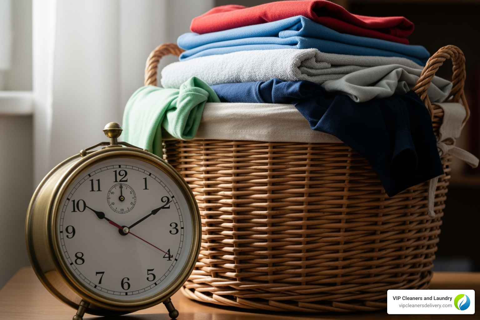 clock next to a laundry basket - cleaners near me same day service
