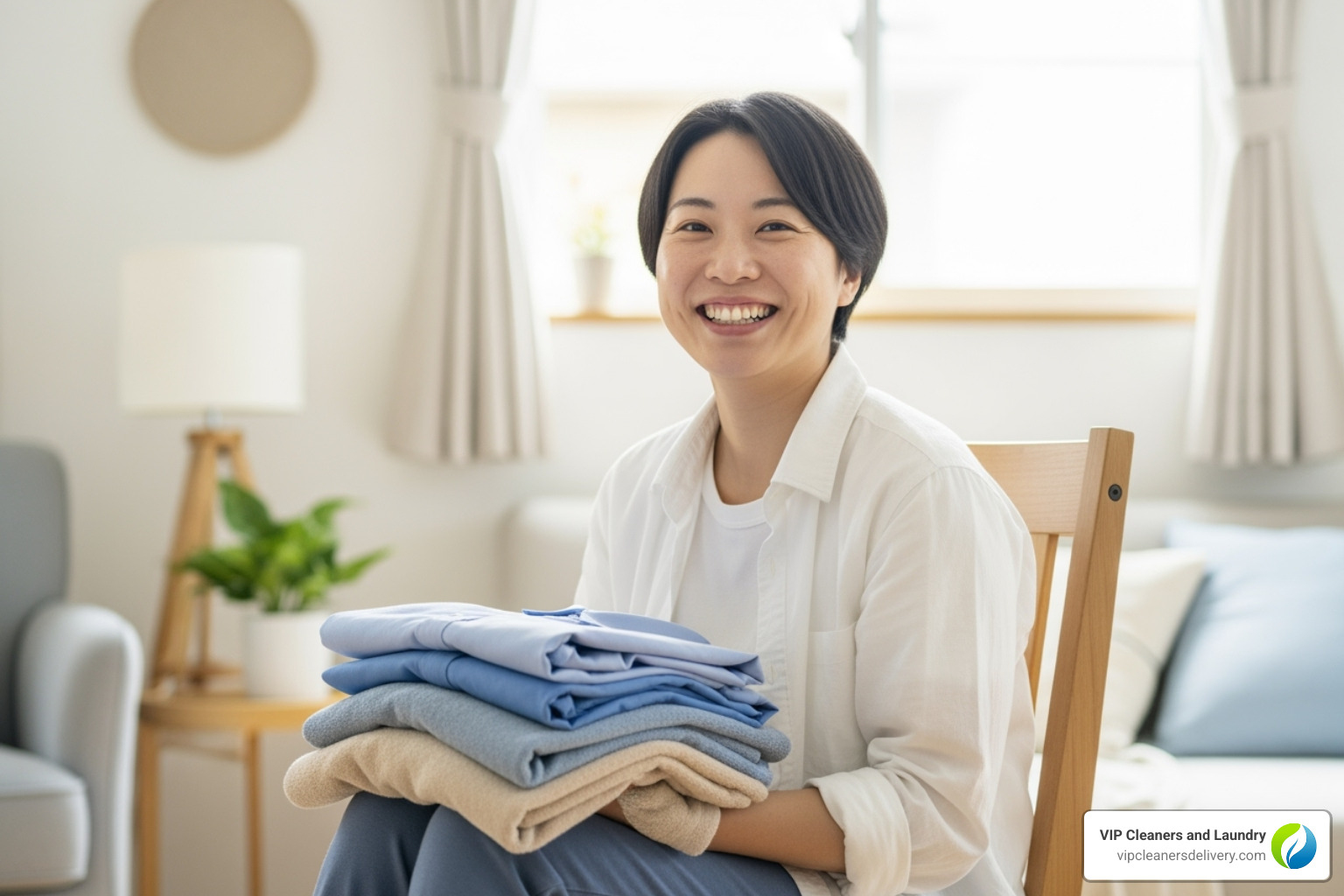 person looking relaxed and happy with clean clothes - cleaners near me same day service