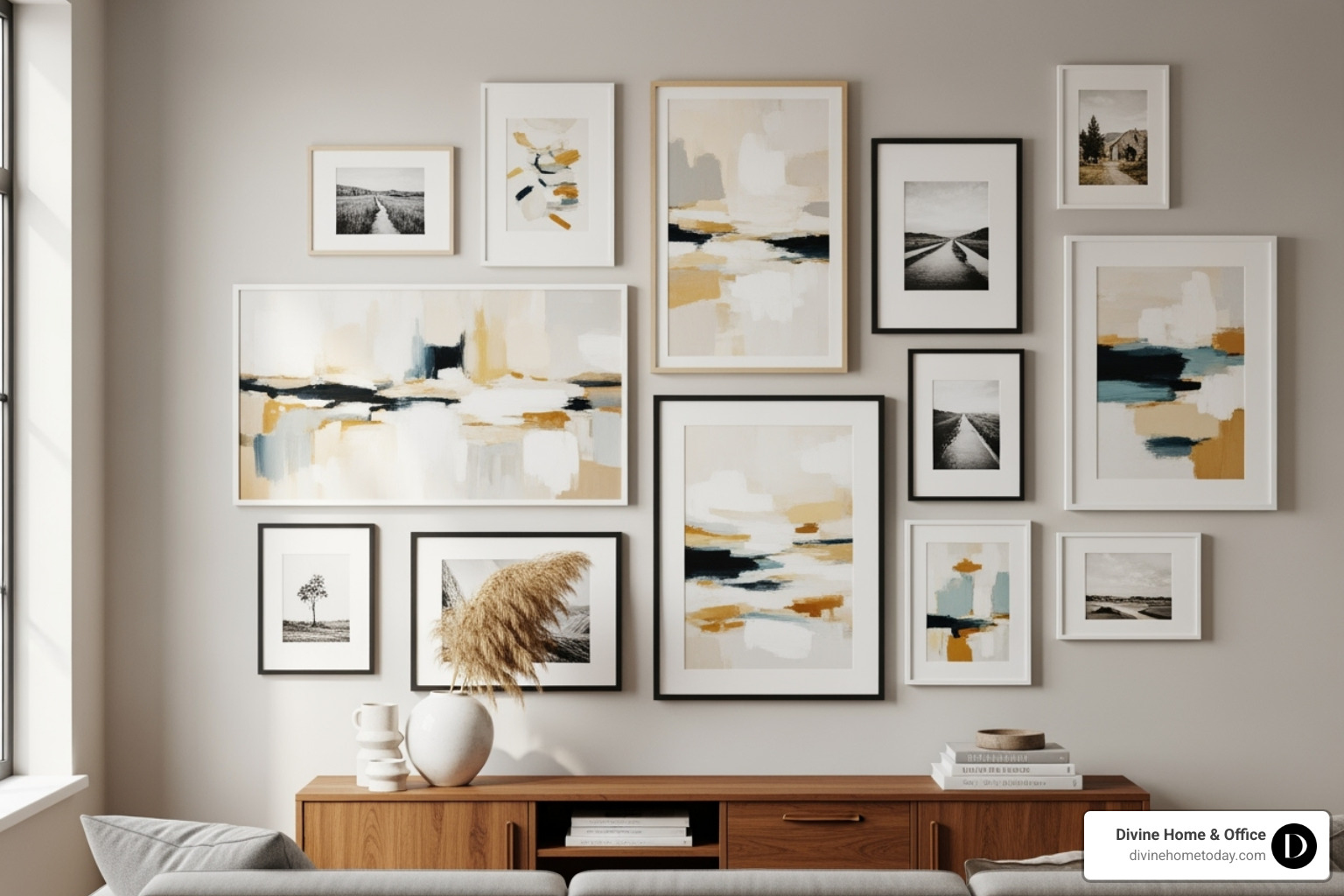 Curated gallery wall reflecting the home's color palette - Whole house design Curated gallery wall reflecting the home's color palette - Whole house design