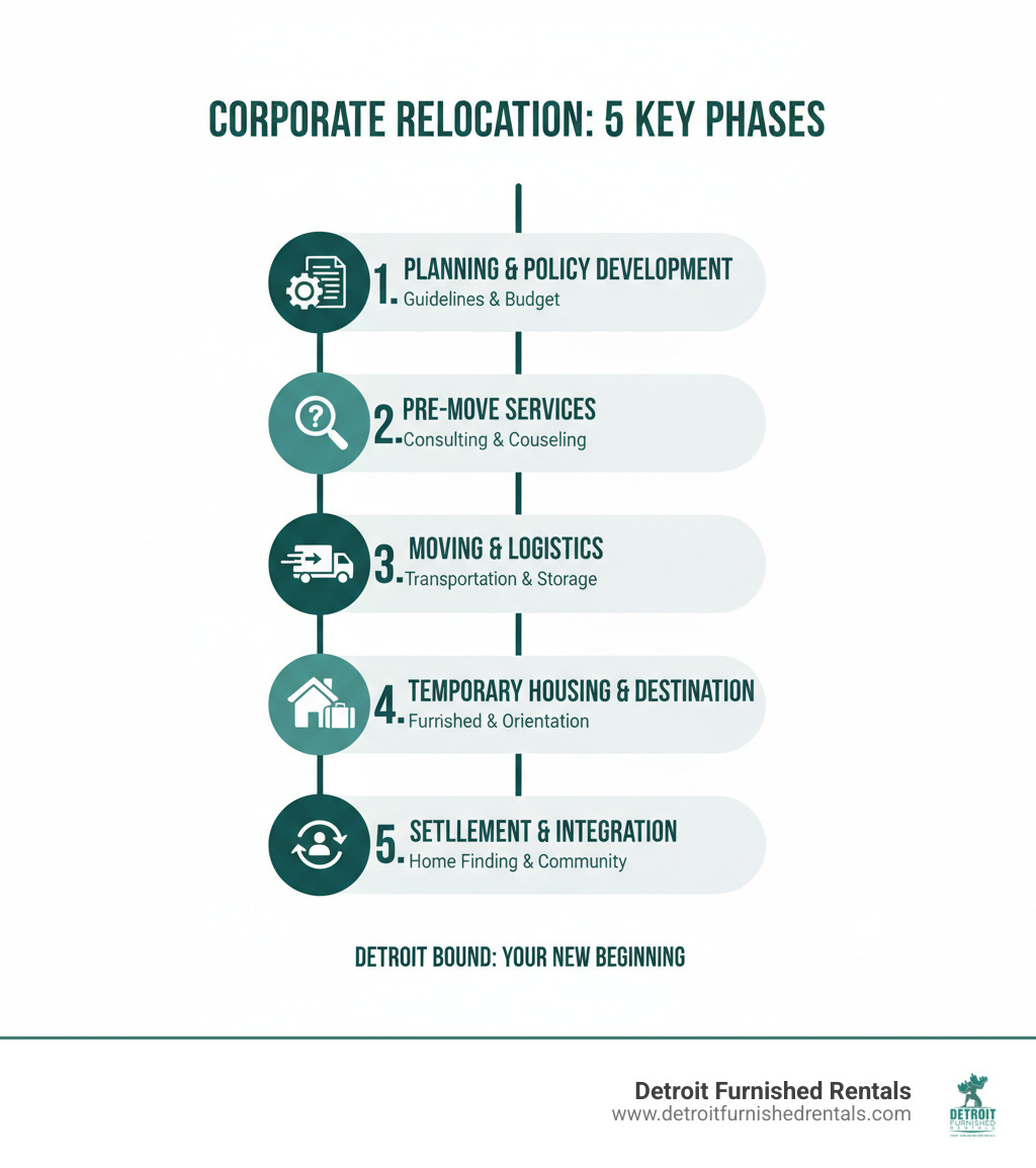 Infographic showing the 5 key phases of corporate relocation: 1. Planning & Policy Development - establishing relocation guidelines and budget parameters; 2. Pre-Move Services - policy consulting, benchmark studies, and employee counseling; 3. Moving & Logistics - household goods transportation, storage solutions, and vehicle relocation; 4. Temporary Housing & Destination Services - furnished accommodations, area orientation, and utility setup; 5. Settlement & Integration - home finding assistance, mortgage support, and community integration - Corporate relocation Detroit infographic 