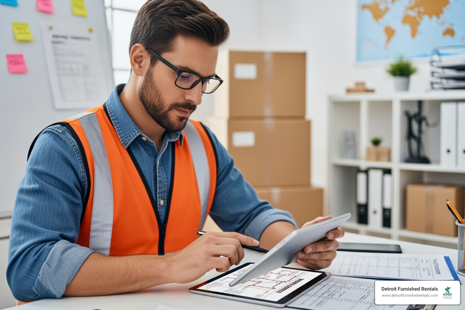 Moving coordinator with a tablet, planning logistics - Corporate relocation Detroit