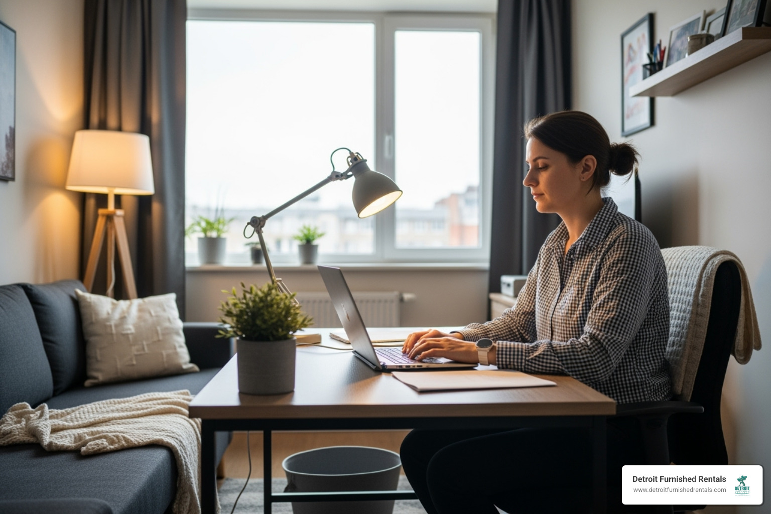 Professional working comfortably in a well-lit furnished apartment - Corporate relocation Detroit