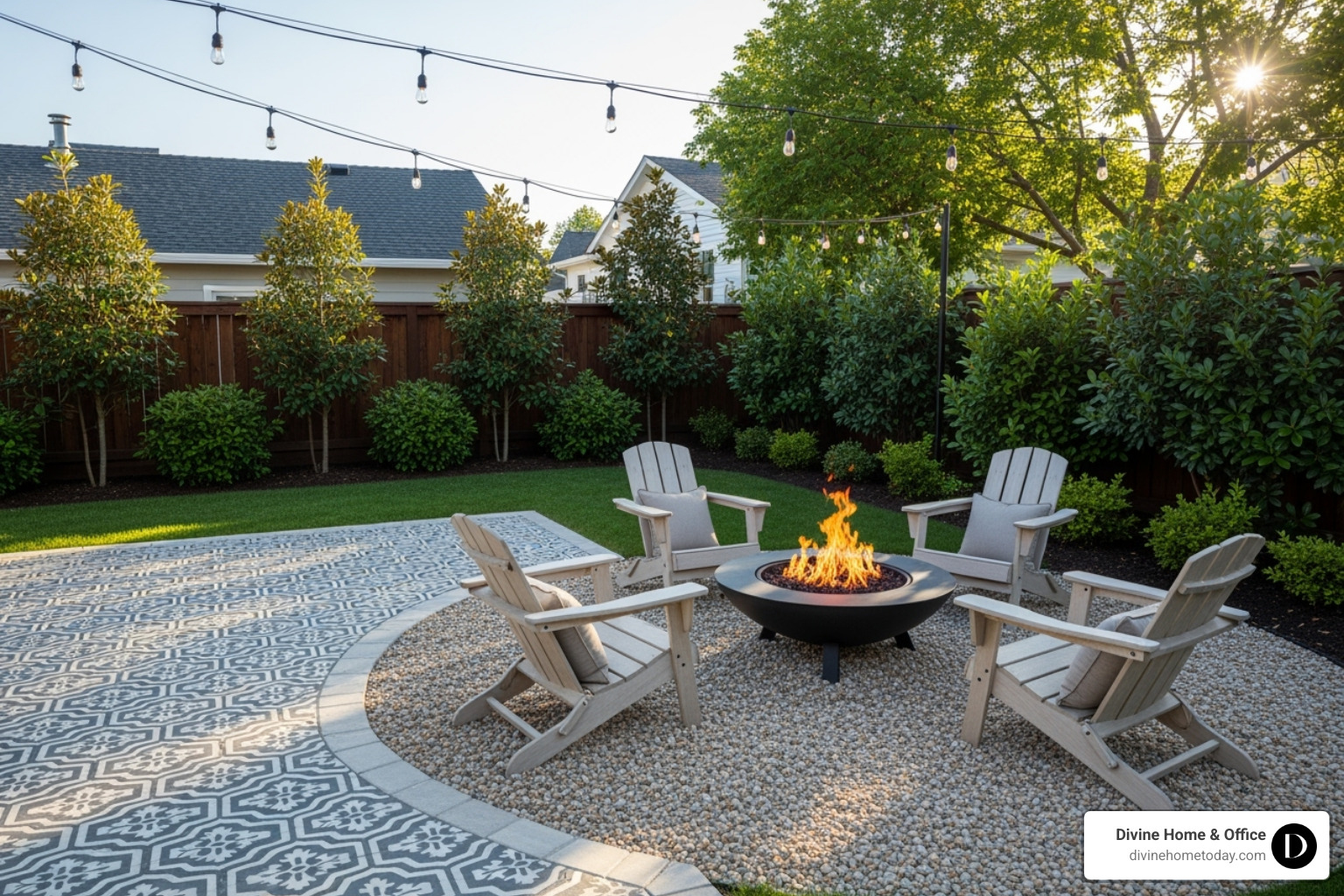 stylish backyard with a stenciled patio and a pea gravel fire pit area - amazing backyard transformations stylish backyard with a stenciled patio and a pea gravel fire pit area - amazing backyard transformations