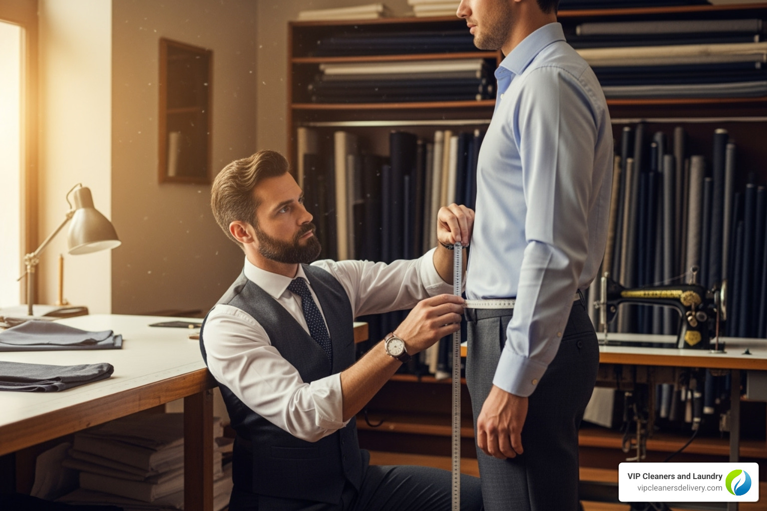 A skilled tailor meticulously measuring a pair of trousers on a client, ensuring a perfect fit - cleaners alterations near me A skilled tailor meticulously measuring a pair of trousers on a client, ensuring a perfect fit - cleaners alterations near me