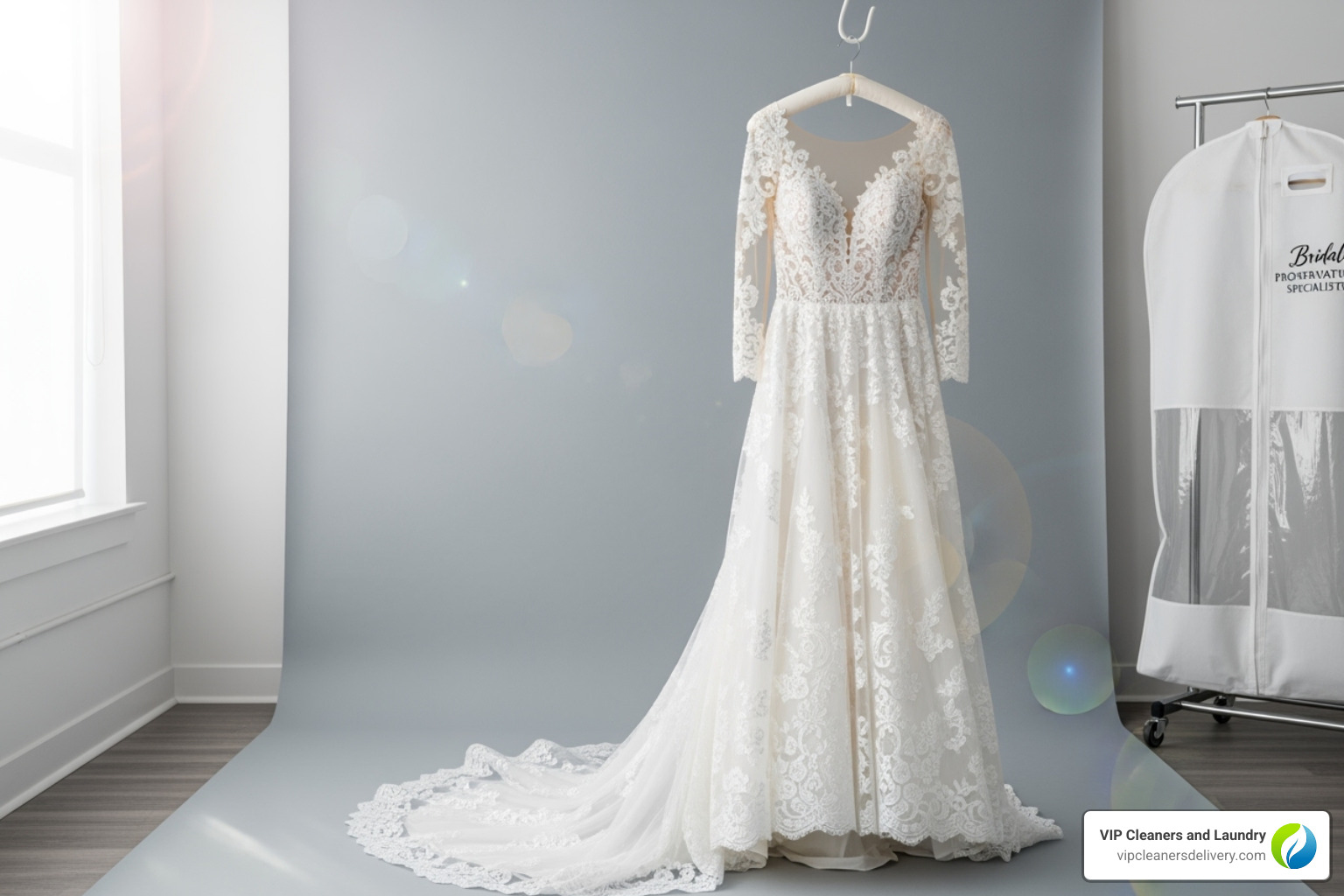 A pristine white wedding dress with intricate lace and beading, hanging elegantly, symbolizing specialized care - cleaners alterations near me A pristine white wedding dress with intricate lace and beading, hanging elegantly, symbolizing specialized care - cleaners alterations near me