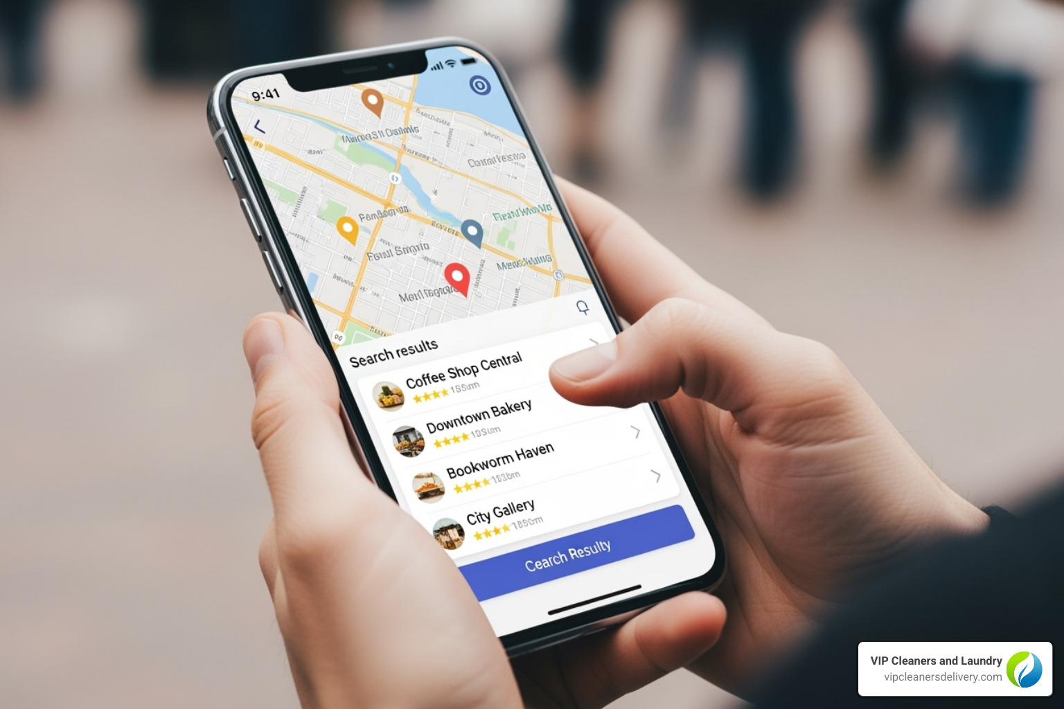 A person using their smartphone to search for local businesses, with a map and business listings on the screen - cleaners alterations near me A person using their smartphone to search for local businesses, with a map and business listings on the screen - cleaners alterations near me