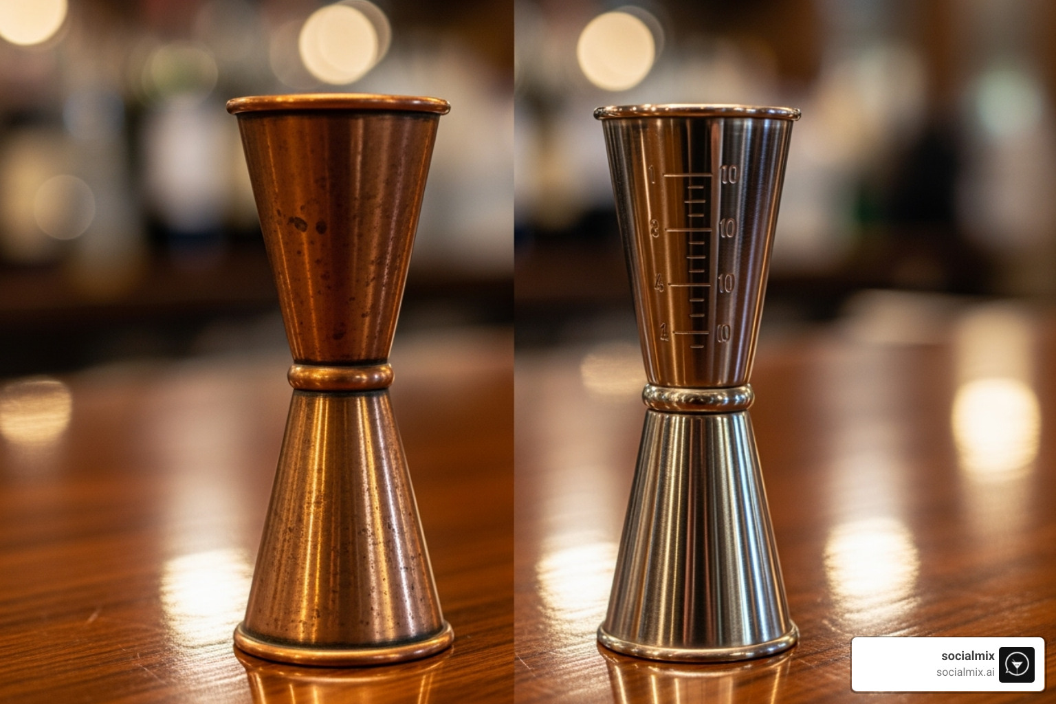 vintage and modern jiggers side by side - bartender shot measure