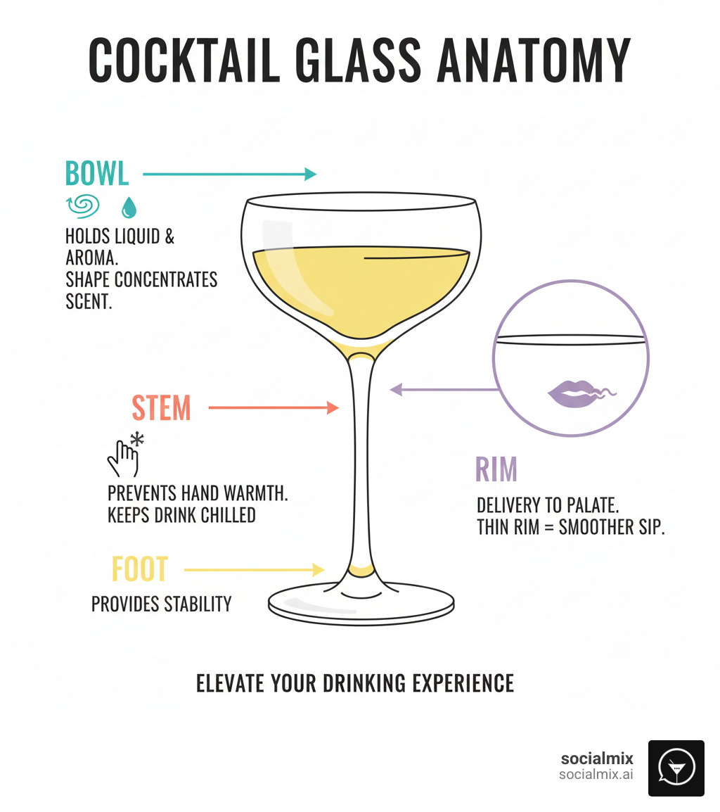 Infographic explaining the anatomy of cocktail glasses (bowl, stem, rim) and their basic functions - drinkware for cocktails infographic  Infographic explaining the anatomy of cocktail glasses (bowl, stem, rim) and their basic functions - drinkware for cocktails infographic