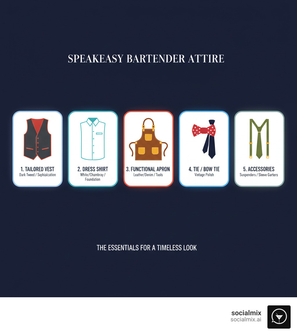 Infographic showing the five essential elements of speakeasy bartender attire: a tailored vest in dark tweed for sophistication, a crisp white or chambray dress shirt as the foundation, a functional leather or denim apron with pockets for tools, a bow tie or necktie for vintage polish, and accessories like suspenders and sleeve garters for authentic period details - Speakeasy bartender attire infographic Infographic showing the five essential elements of speakeasy bartender attire: a tailored vest in dark tweed for sophistication, a crisp white or chambray dress shirt as the foundation, a functional leather or denim apron with pockets for tools, a bow tie or necktie for vintage polish, and accessories like suspenders and sleeve garters for authentic period details - Speakeasy bartender attire infographic