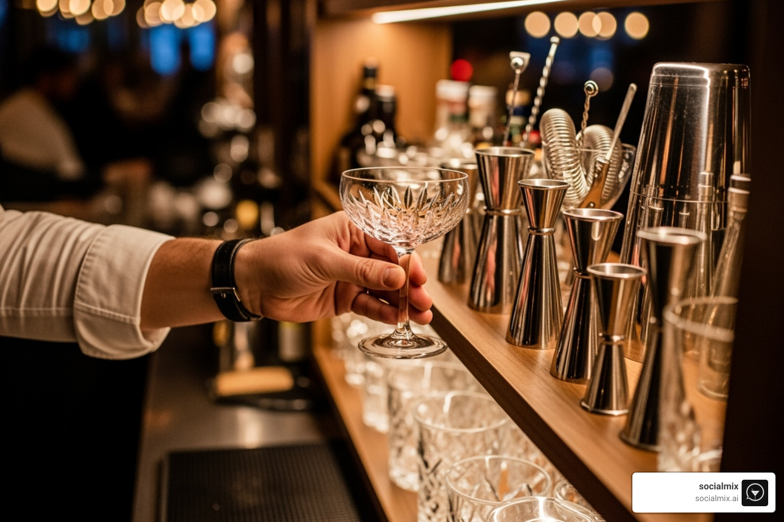 A hand selecting a crystal coupe from a shelf of bartender tools - drinkware for cocktails A hand selecting a crystal coupe from a shelf of bartender tools - drinkware for cocktails