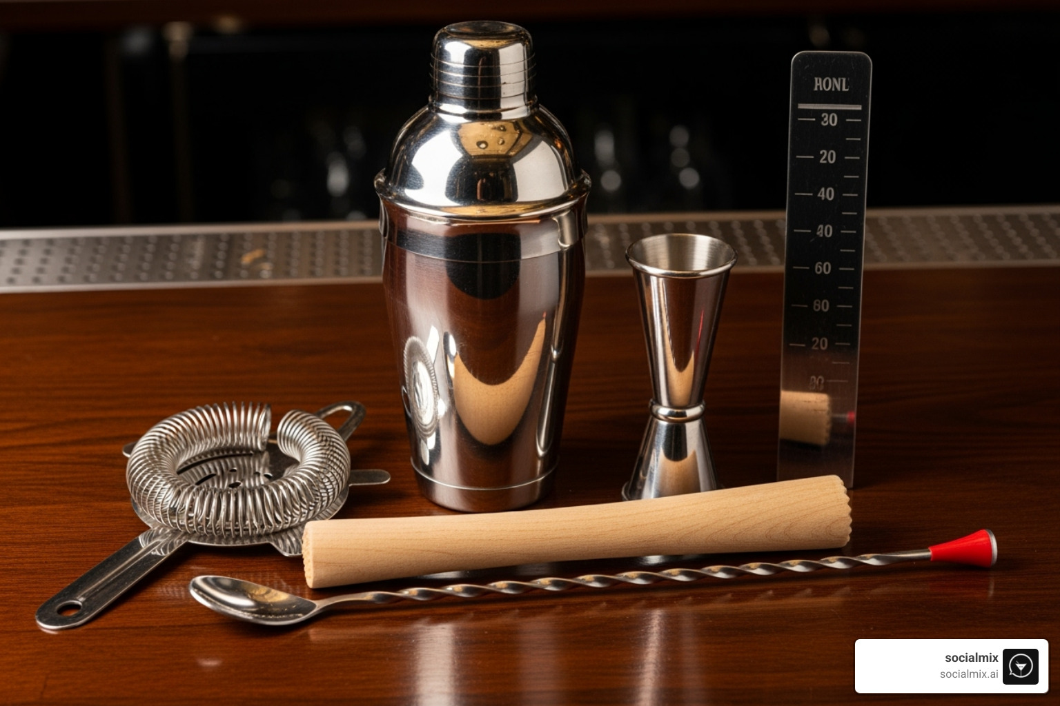 A collection of essential bartender tools - drinkware for cocktails A collection of essential bartender tools - drinkware for cocktails