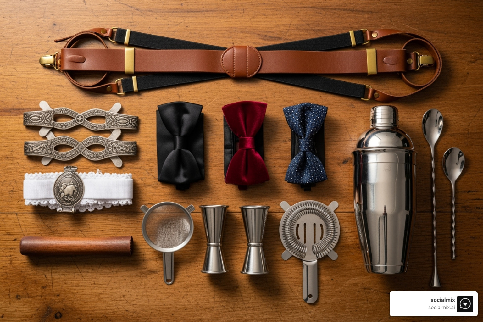 Bartender accessories with bar tools - Speakeasy bartender attire Bartender accessories with bar tools - Speakeasy bartender attire