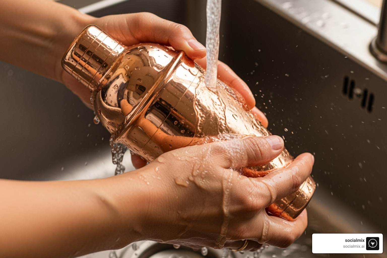 hands gently hand-washing a copper shaker - Copper barware set hands gently hand-washing a copper shaker - Copper barware set