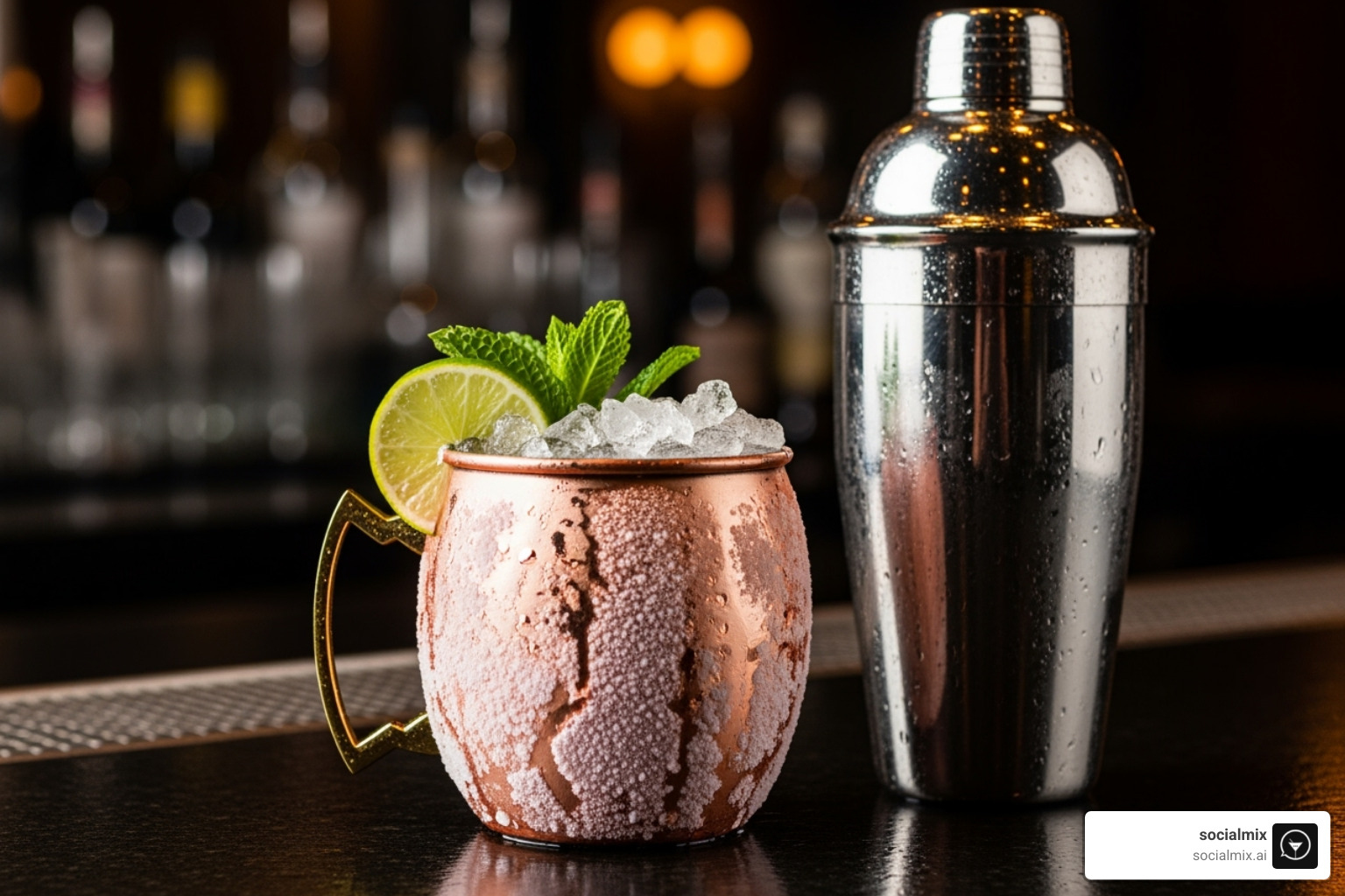 frosty Moscow Mule in a copper mug next to a shaker - Copper barware set frosty Moscow Mule in a copper mug next to a shaker - Copper barware set
