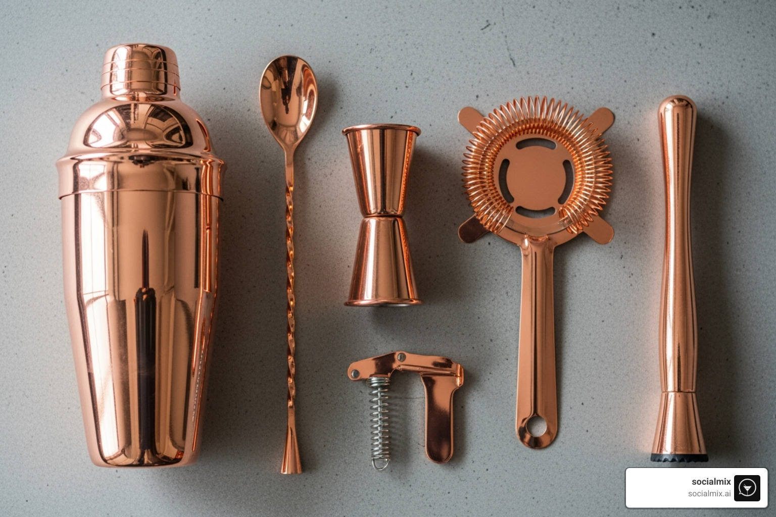essential copper bar tools laid out individually - Copper barware set essential copper bar tools laid out individually - Copper barware set