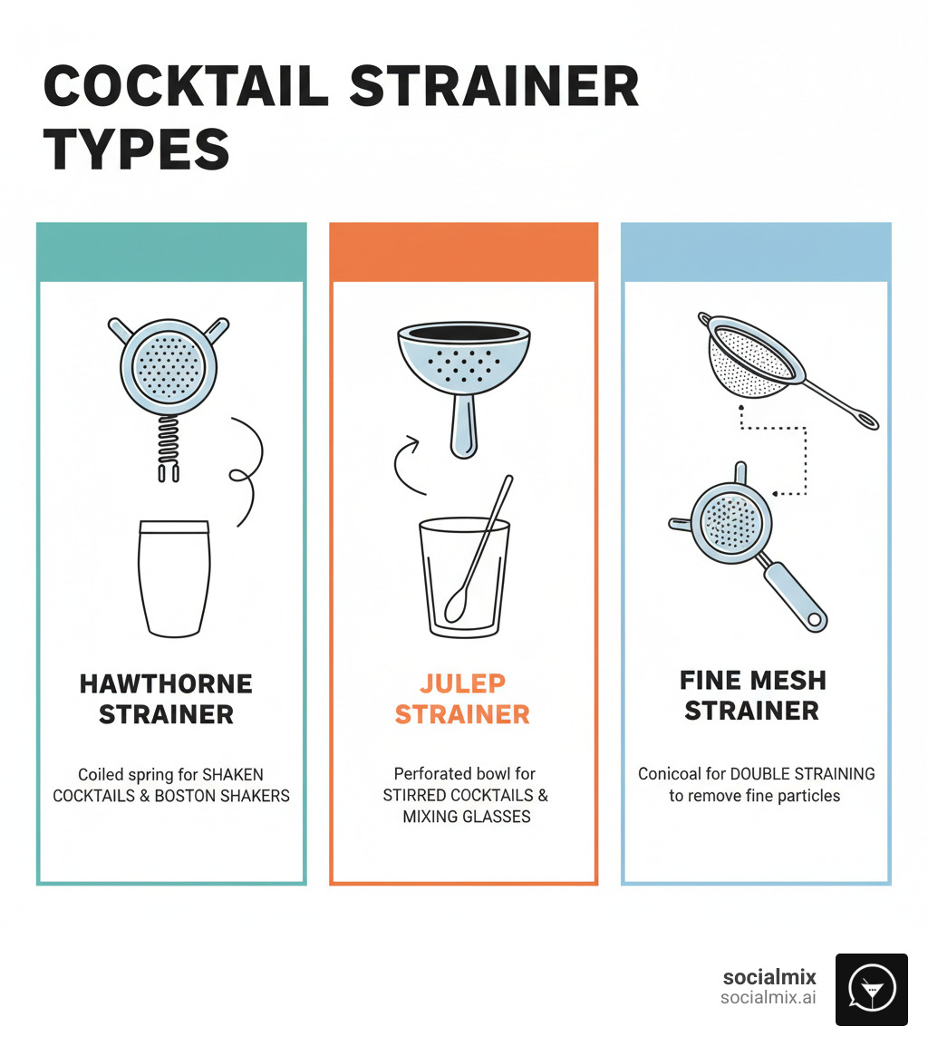 Infographic showing three cocktail strainer types: Hawthorne strainer with coiled spring labeled for shaken cocktails and Boston shakers, Julep strainer with perforated bowl labeled for stirred cocktails and mixing glasses, and fine mesh conical strainer labeled for double straining to remove fine particles - Cocktail strainer types infographic 