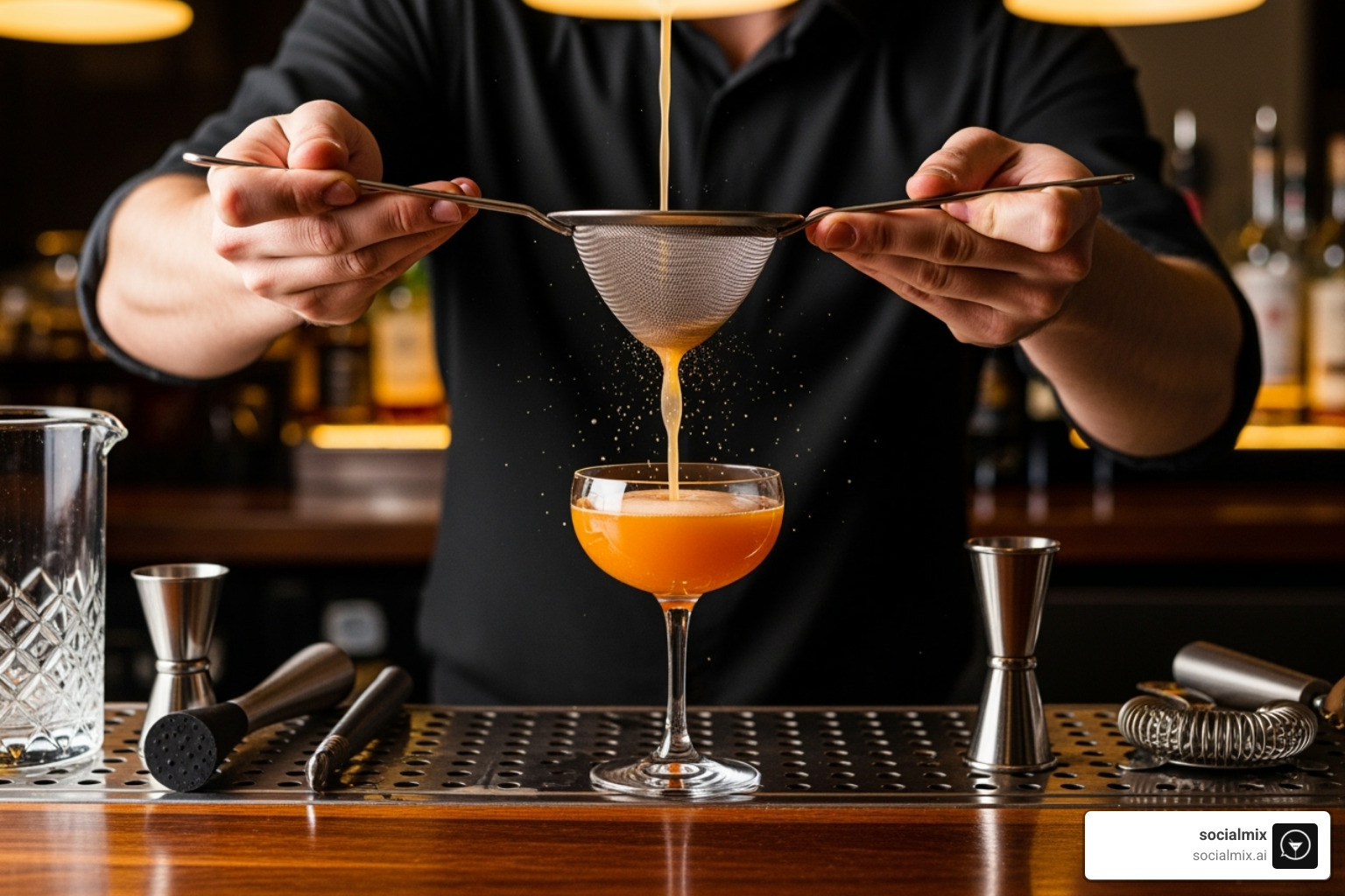 bartender double straining a cocktail into a coupe glass - Cocktail strainer types