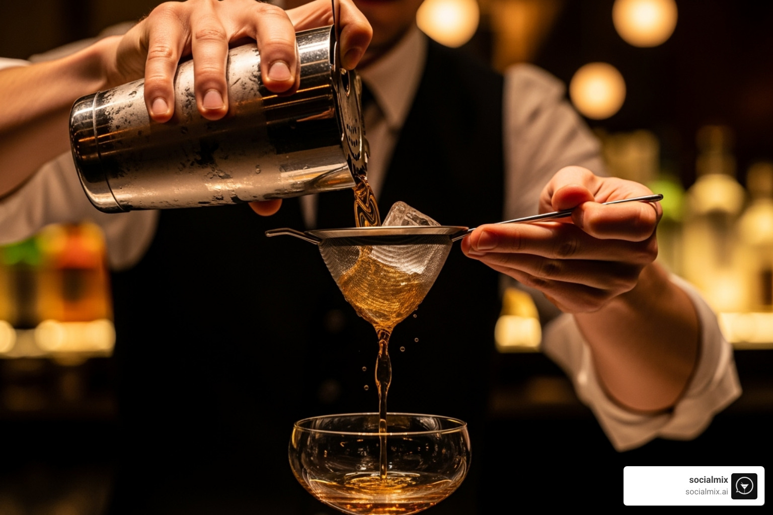 bartender using a Hawthorne strainer to pour a drink from a Boston shaker - Cocktail strainer types