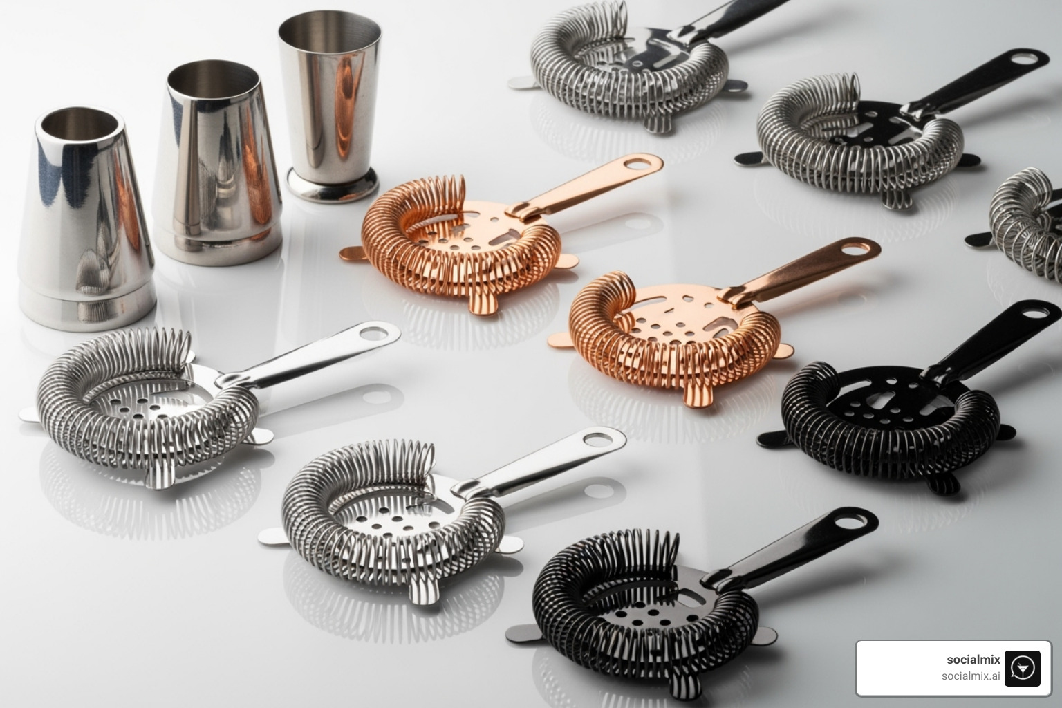 various strainers made from different materials (stainless steel, copper, gunmetal) - Cocktail strainer types