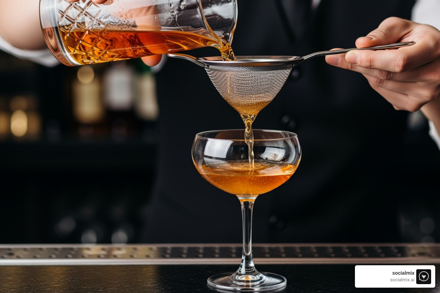 Julep strainer nestled inside a glass mixing glass during a pour - Cocktail strainer types