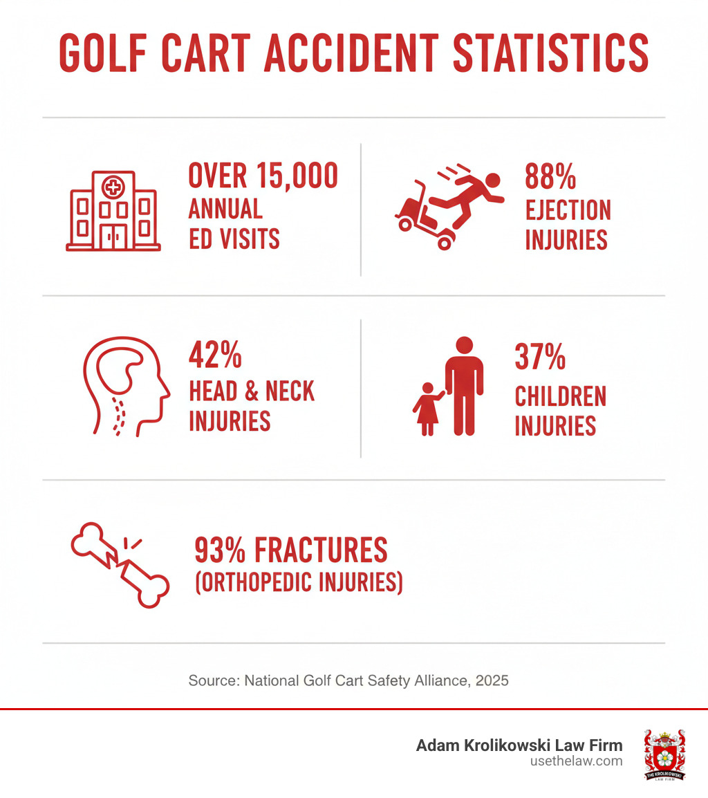 Infographic showing golf cart accident statistics: over 15,000 annual ED visits, 88% of injuries involve ejection, 42% are head and neck injuries, children account for 37% of all injuries, and fractures make up 93% of orthopedic injuries - golf cart accident infographic Infographic showing golf cart accident statistics: over 15,000 annual ED visits, 88% of injuries involve ejection, 42% are head and neck injuries, children account for 37% of all injuries, and fractures make up 93% of orthopedic injuries - golf cart accident infographic