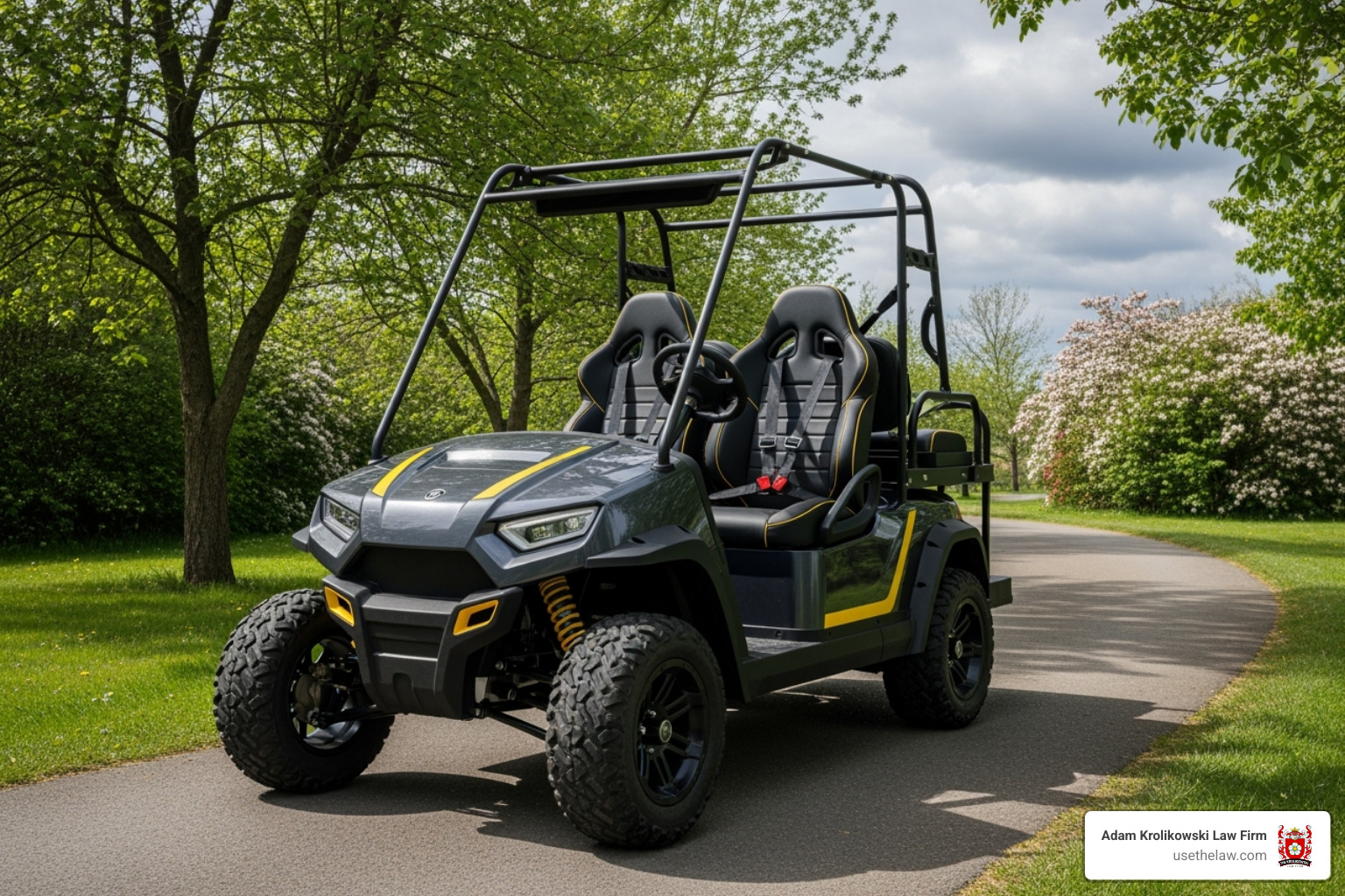 image of a modern golf cart equipped with seatbelts and a roll cage, parked on a path - golf cart accident image of a modern golf cart equipped with seatbelts and a roll cage, parked on a path - golf cart accident