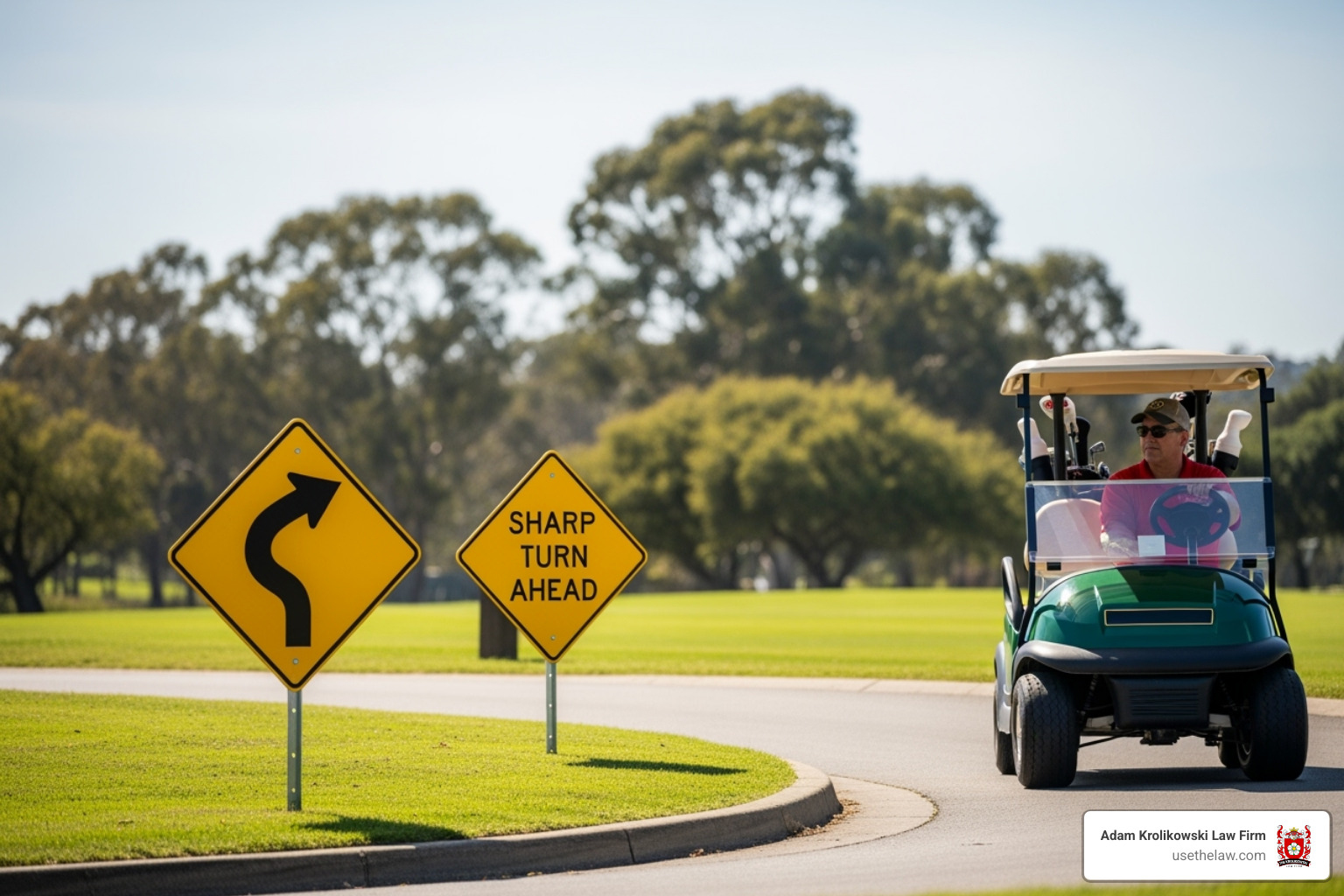 image of a golf cart about to make a sharp turn on a path, with a warning sign for sharp turn ahead - golf cart accident image of a golf cart about to make a sharp turn on a path, with a warning sign for sharp turn ahead - golf cart accident