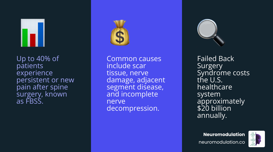 Comprehensive infographic showing the prevalence of Failed Back Surgery Syndrome (20-40% of spine surgery patients), common causes including scar tissue formation, nerve damage, hardware failure, adjacent segment disease, and incomplete decompression, diagnostic pathway from medical history through imaging and nerve studies, and treatment options ranging from conservative care to interventional procedures and neuromodulation - doctor who treats failed back surgery syndrome infographic 3_facts_emoji_blue Comprehensive infographic showing the prevalence of Failed Back Surgery Syndrome (20-40% of spine surgery patients), common causes including scar tissue formation, nerve damage, hardware failure, adjacent segment disease, and incomplete decompression, diagnostic pathway from medical history through imaging and nerve studies, and treatment options ranging from conservative care to interventional procedures and neuromodulation - doctor who treats failed back surgery syndrome infographic 3_facts_emoji_blue