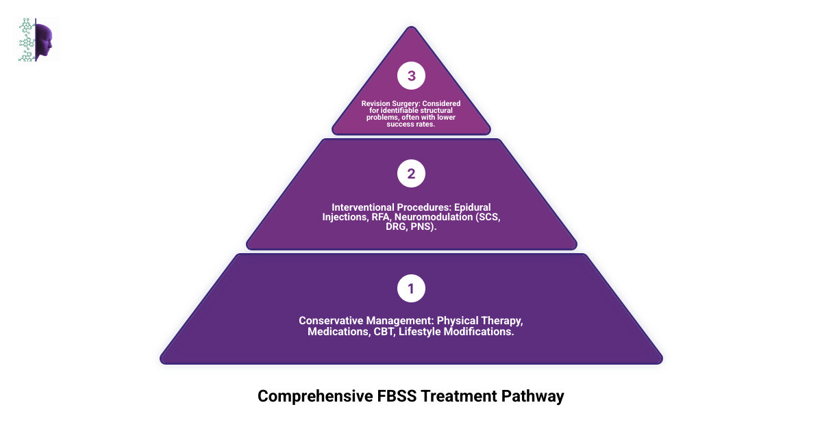 Infographic detailing the FBSS treatment pathway from initial conservative management (physical therapy, medication) through interventional procedures (injections, RFA) to advanced therapies like neuromodulation (SCS, DRG) and, in select cases, revision surgery, highlighting a multidisciplinary approach at each stage. - doctor who treats failed back surgery syndrome infographic 3_stage_pyramid Infographic detailing the FBSS treatment pathway from initial conservative management (physical therapy, medication) through interventional procedures (injections, RFA) to advanced therapies like neuromodulation (SCS, DRG) and, in select cases, revision surgery, highlighting a multidisciplinary approach at each stage. - doctor who treats failed back surgery syndrome infographic 3_stage_pyramid