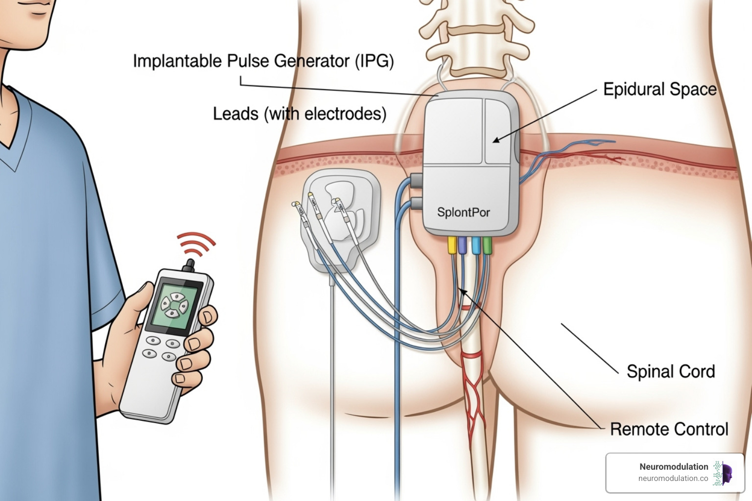 Illustration of a Spinal Cord Stimulator (SCS) device, showing the implantable pulse generator (IPG) placed under the skin, the thin leads inserted into the epidural space near the spinal cord, and the remote control used by the patient to adjust stimulation settings. - doctor who treats failed back surgery syndrome Illustration of a Spinal Cord Stimulator (SCS) device, showing the implantable pulse generator (IPG) placed under the skin, the thin leads inserted into the epidural space near the spinal cord, and the remote control used by the patient to adjust stimulation settings. - doctor who treats failed back surgery syndrome