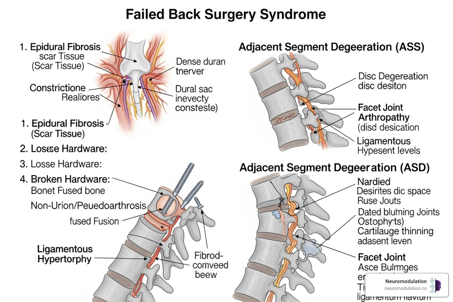 Illustration of common causes of Failed Back Surgery Syndrome, including scar tissue forming around nerves, hardware loosening or breaking in a spinal fusion, and degeneration in adjacent spinal segments after a fusion - doctor who treats failed back surgery syndrome Illustration of common causes of Failed Back Surgery Syndrome, including scar tissue forming around nerves, hardware loosening or breaking in a spinal fusion, and degeneration in adjacent spinal segments after a fusion - doctor who treats failed back surgery syndrome