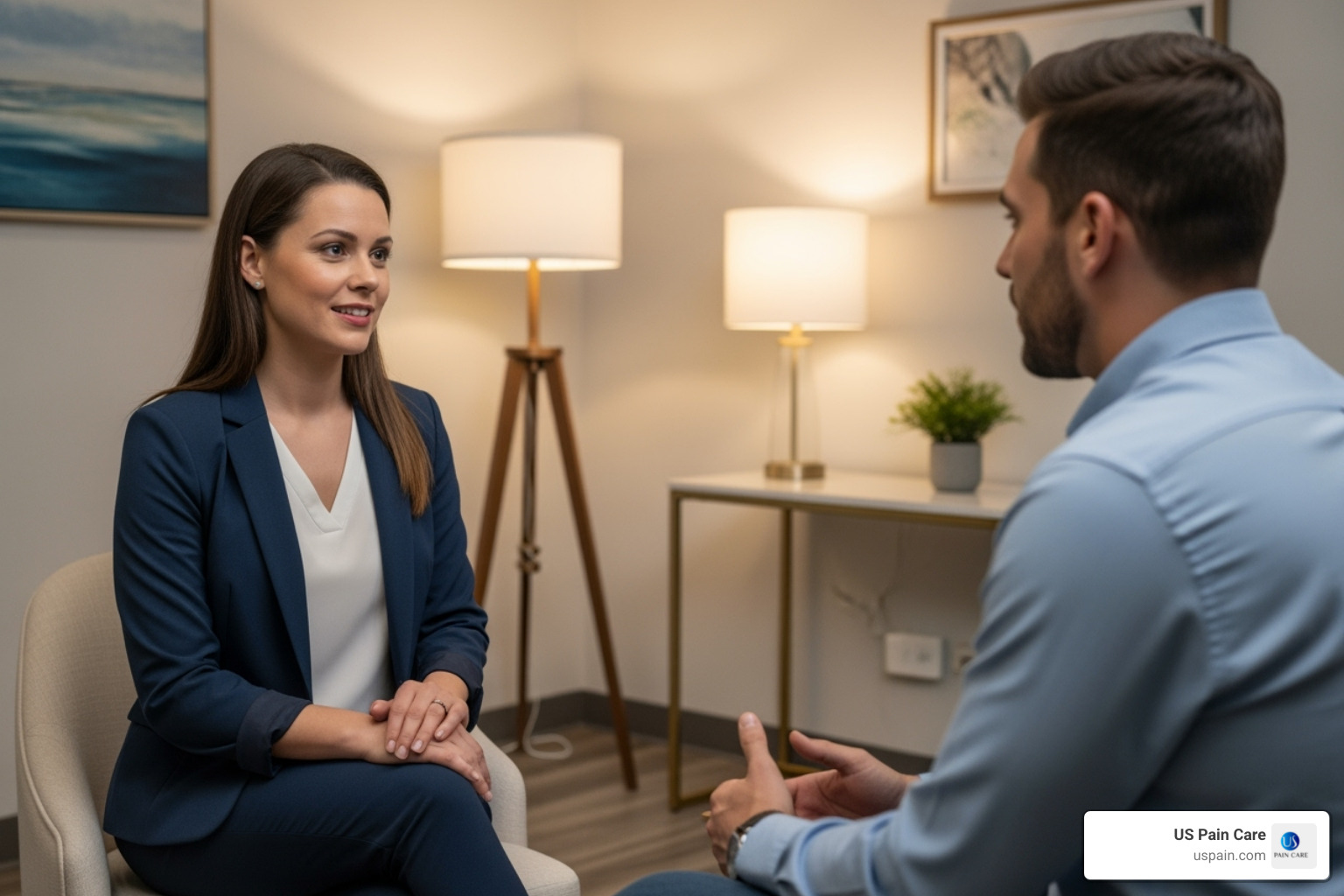 A compassionate therapist and patient in a comfortable, professional setting during a psychotherapy session - pain management psychotherapy
