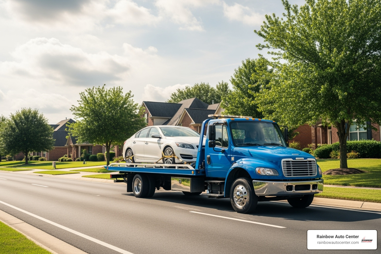 of a flatbed tow truck safely loaded with a modern sedan - tow service hayward ca