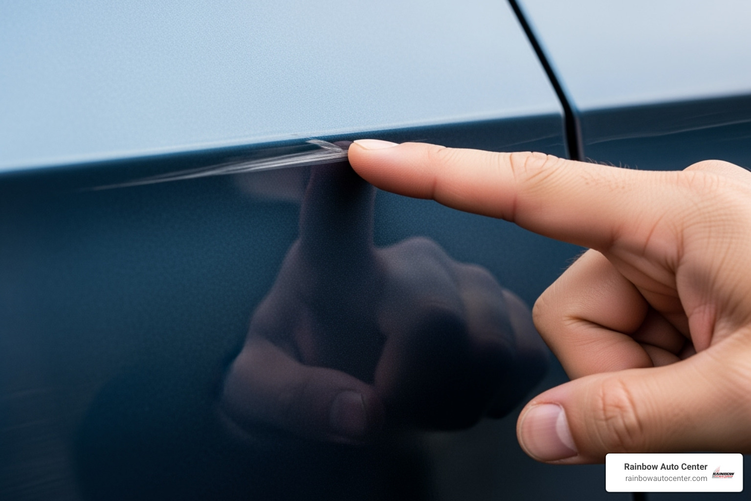 A close-up image of a car's side panel with a finger pointing to a shallow, white-ish clear coat scratch - auto scratch repair