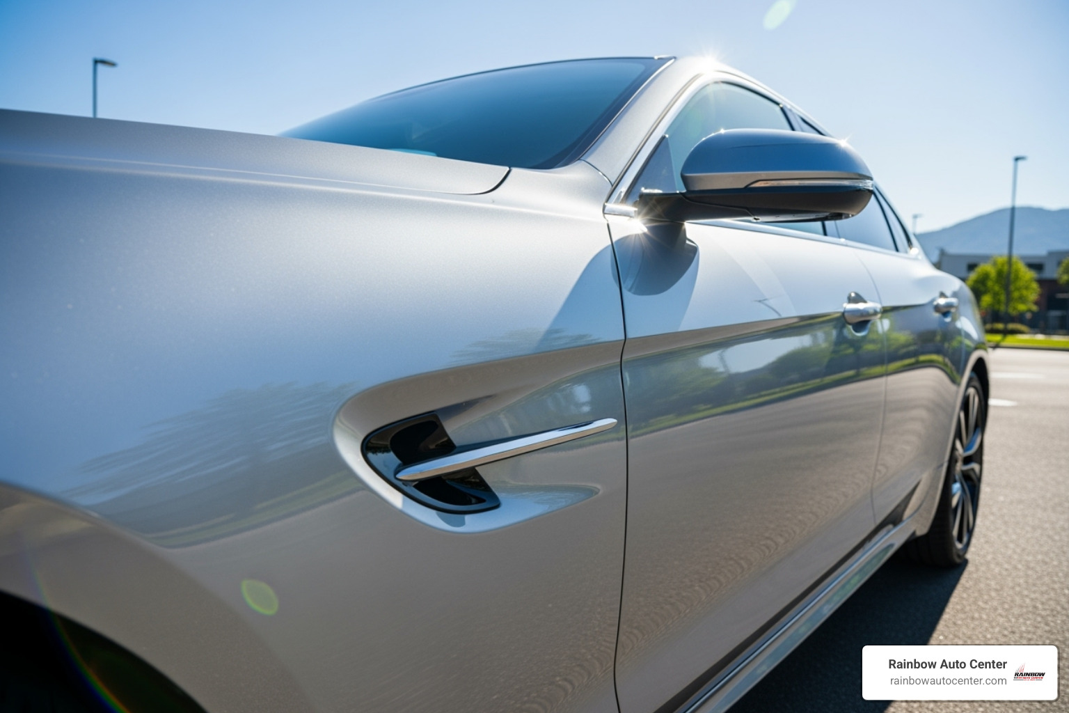 A freshly washed and waxed car gleaming in the sunlight, showcasing a flawless, scratch-free finish - auto scratch repair