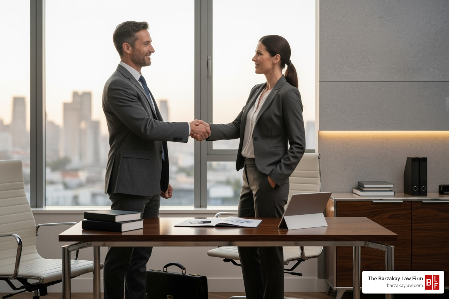 person shaking hands with a lawyer in an office setting - Seek legal advice