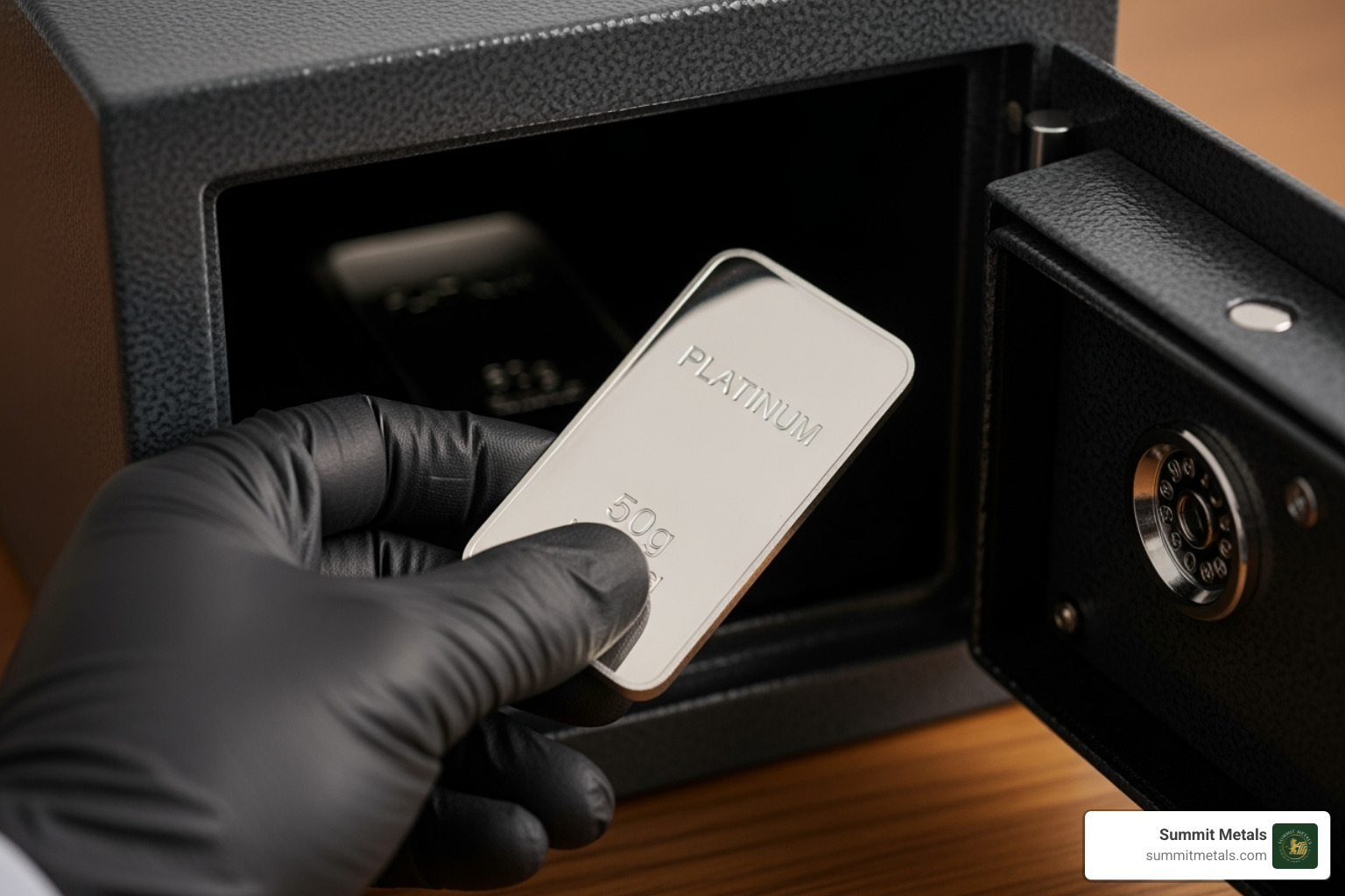 A hand placing a 50g platinum bar into a secure home safe, symbolizing protected investment - 50g platinum bar A hand placing a 50g platinum bar into a secure home safe, symbolizing protected investment - 50g platinum bar