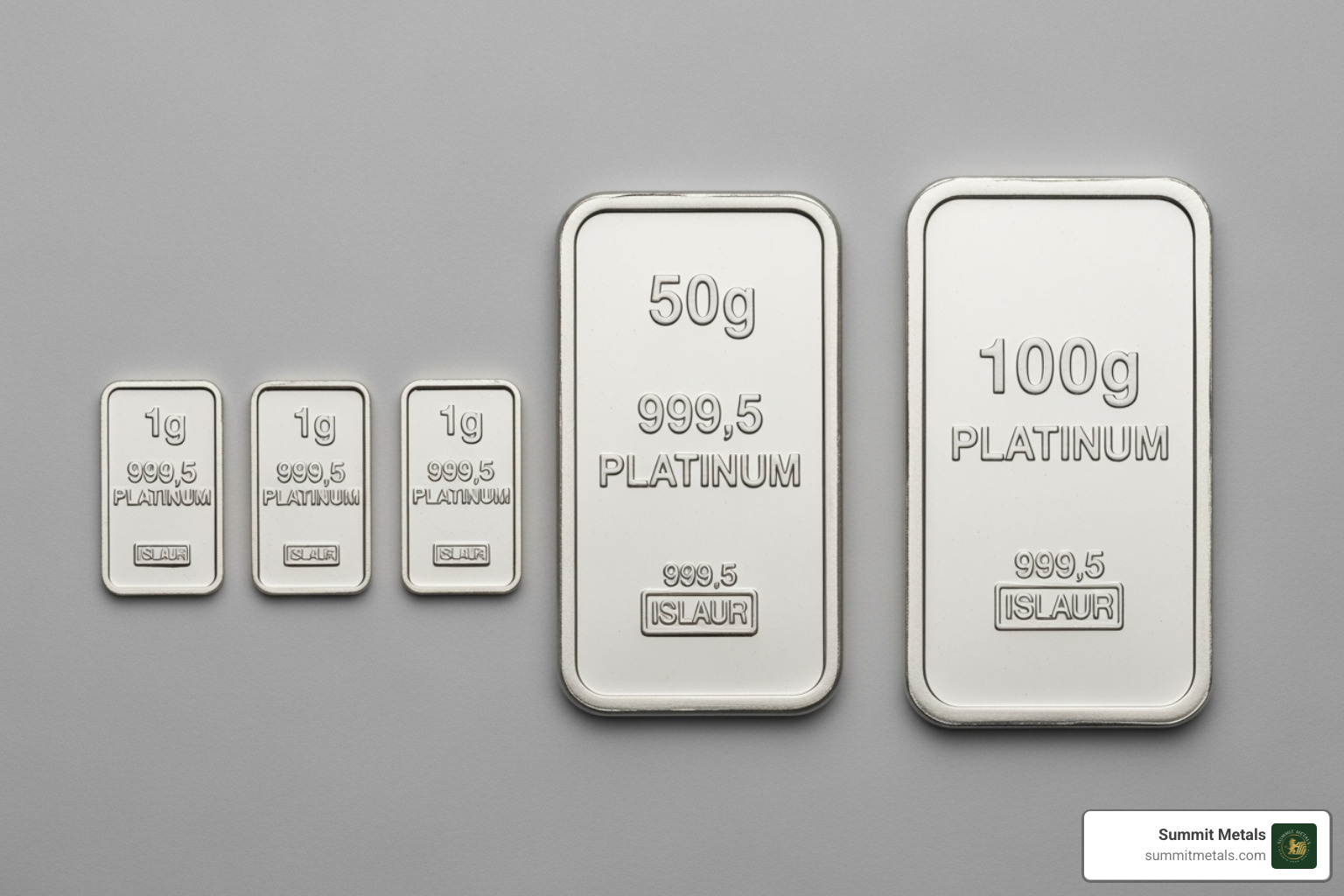 A 50g platinum bar next to smaller 1g bars and a larger 100g bar for scale, illustrating the perfect size for investment - 50g platinum bar A 50g platinum bar next to smaller 1g bars and a larger 100g bar for scale, illustrating the perfect size for investment - 50g platinum bar