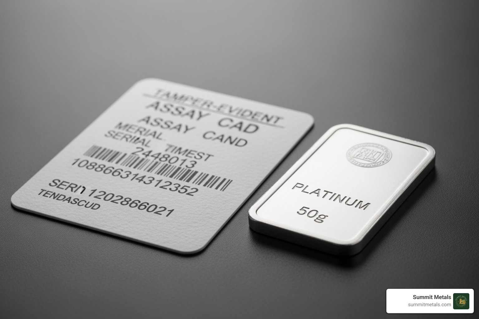 Close-up of an assay card with its matching serial number on the platinum bar, illustrating the verification process - 50g platinum bar Close-up of an assay card with its matching serial number on the platinum bar, illustrating the verification process - 50g platinum bar