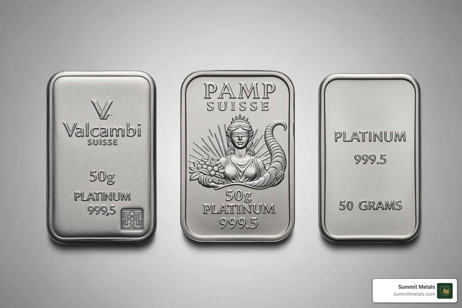 Several different branded 50g platinum bars side-by-side, including Valcambi, PAMP Suisse, and a generic bar, highlighting design variations - 50g platinum bar Several different branded 50g platinum bars side-by-side, including Valcambi, PAMP Suisse, and a generic bar, highlighting design variations - 50g platinum bar