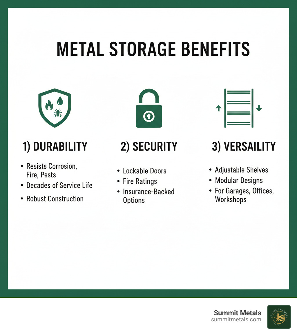 Infographic showing 3 main benefits of metal storage: 1) Durability - resists corrosion, fire, and pests with decades of service life; 2) Security - lockable doors, fire ratings, and insurance-backed custody options; 3) Versatility - adjustable shelves and modular designs for garages, offices, workshops, and depositories - metal storage infographic Infographic showing 3 main benefits of metal storage: 1) Durability - resists corrosion, fire, and pests with decades of service life; 2) Security - lockable doors, fire ratings, and insurance-backed custody options; 3) Versatility - adjustable shelves and modular designs for garages, offices, workshops, and depositories - metal storage infographic