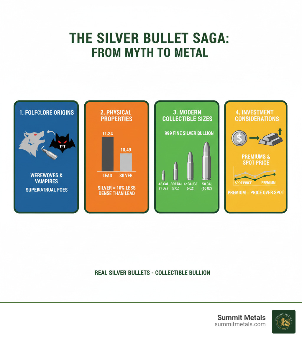 Infographic showing the evolution of silver bullets from folklore weapon to collectible bullion, with sections for: 1) Folklore origins (werewolves, vampires), 2) Physical properties comparison (silver vs lead density chart), 3) Modern collectible sizes (.45 cal through .50 cal), 4) Investment considerations (premiums and spot price relationship) - real silver bullets infographic 