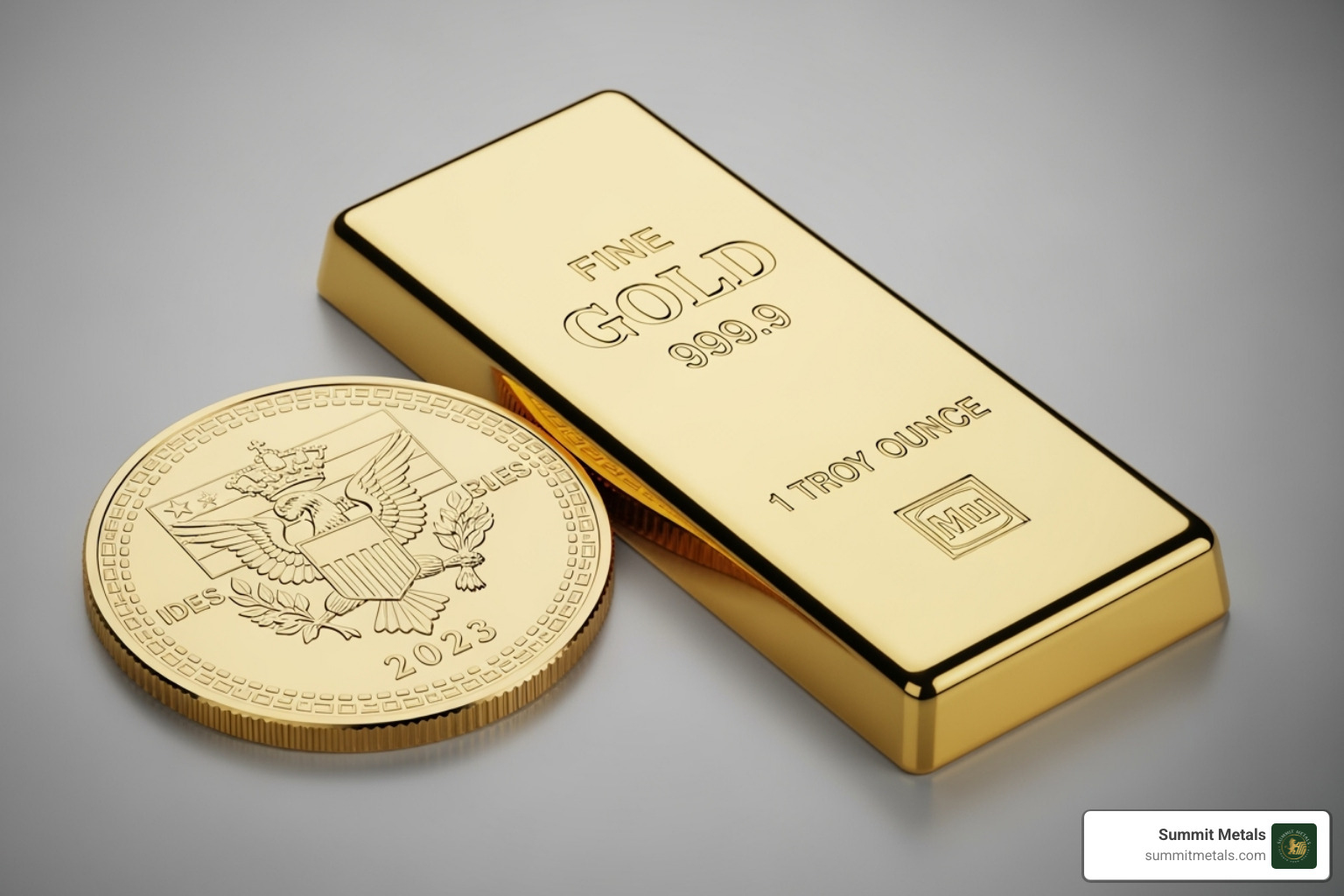 A government-minted gold coin next to a sleek gold bar - metal storage A government-minted gold coin next to a sleek gold bar - metal storage
