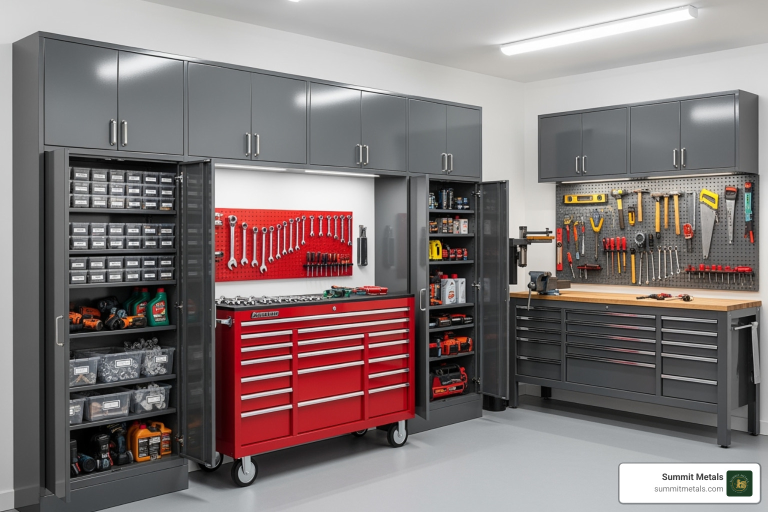 An organized garage with heavy-duty metal cabinets and tool chests - metal storage An organized garage with heavy-duty metal cabinets and tool chests - metal storage