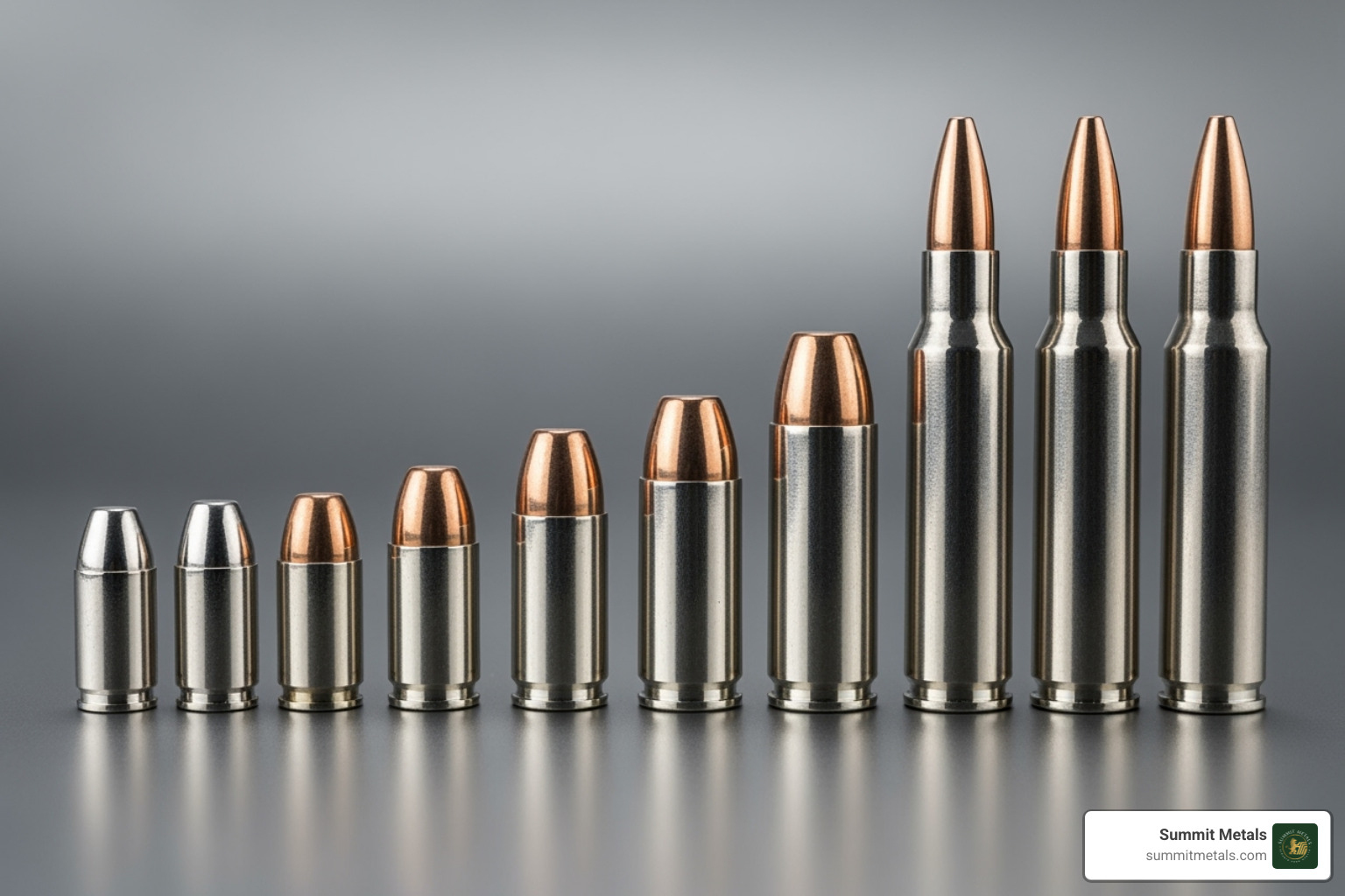 various sizes of collectible silver bullets lined up - real silver bullets