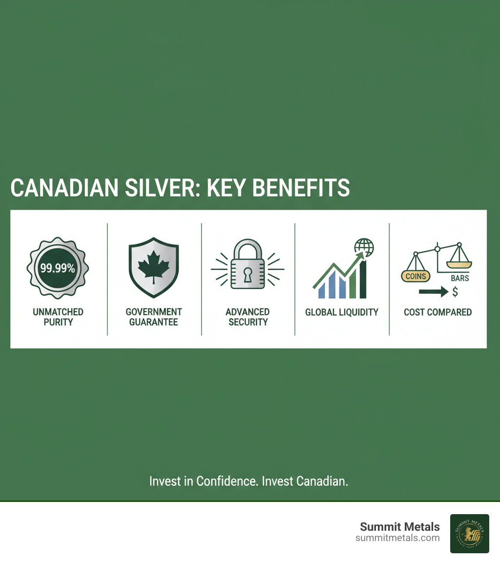 Infographic showing the key benefits of buying Canadian silver: .9999 purity badge, government guarantee shield, security features icon, global liquidity graph, and cost comparison between silver coins and bars - Buy Canadian Silver infographic Infographic showing the key benefits of buying Canadian silver: .9999 purity badge, government guarantee shield, security features icon, global liquidity graph, and cost comparison between silver coins and bars - Buy Canadian Silver infographic