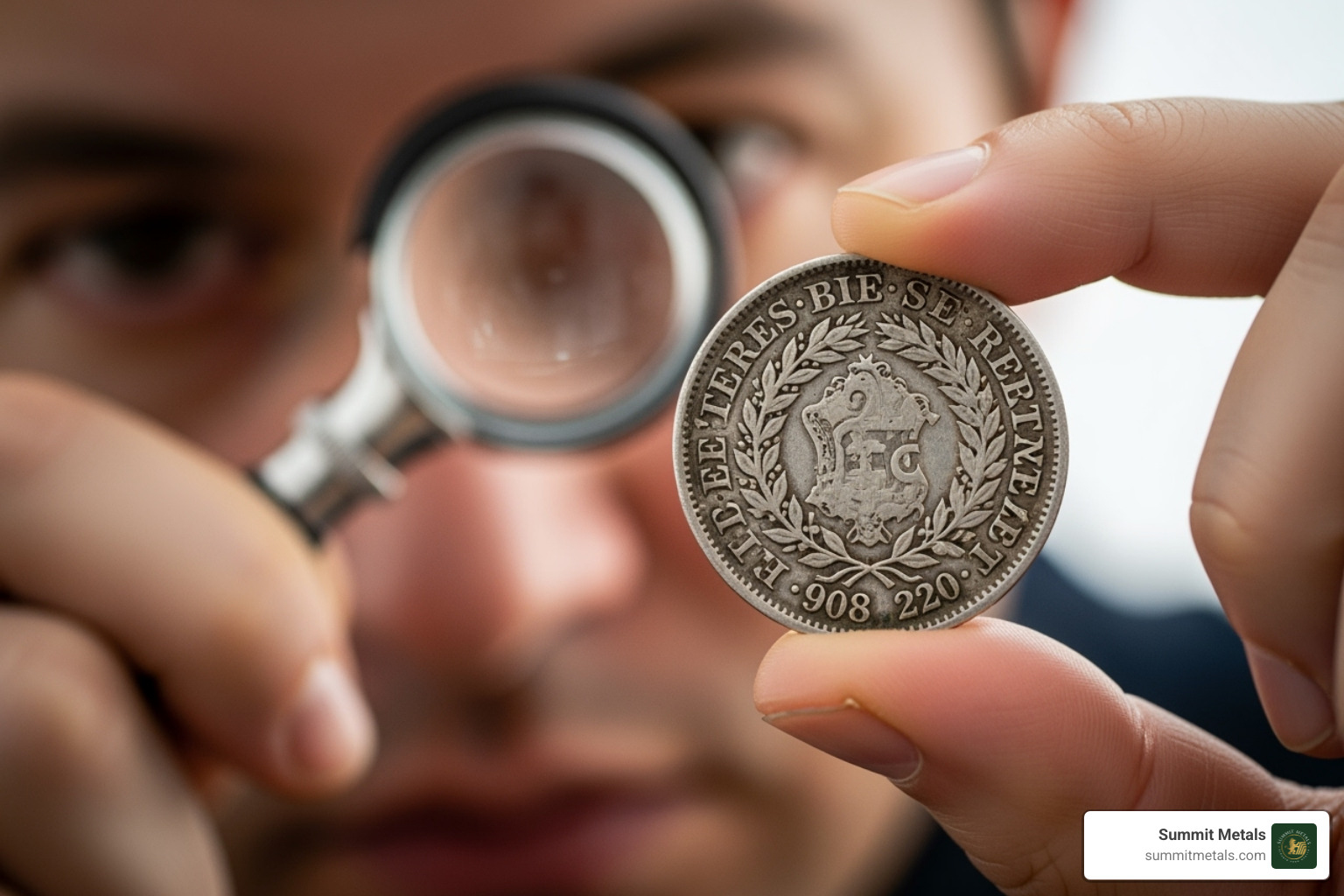 A person inspecting a silver coin with a magnifying glass - Buy Canadian Silver A person inspecting a silver coin with a magnifying glass - Buy Canadian Silver