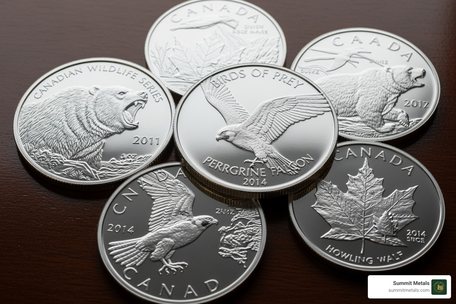 A collection of Canadian silver coins including a Wildlife Series coin, a Birds of Prey coin, and a privy-marked Maple Leaf - Buy Canadian Silver A collection of Canadian silver coins including a Wildlife Series coin, a Birds of Prey coin, and a privy-marked Maple Leaf - Buy Canadian Silver